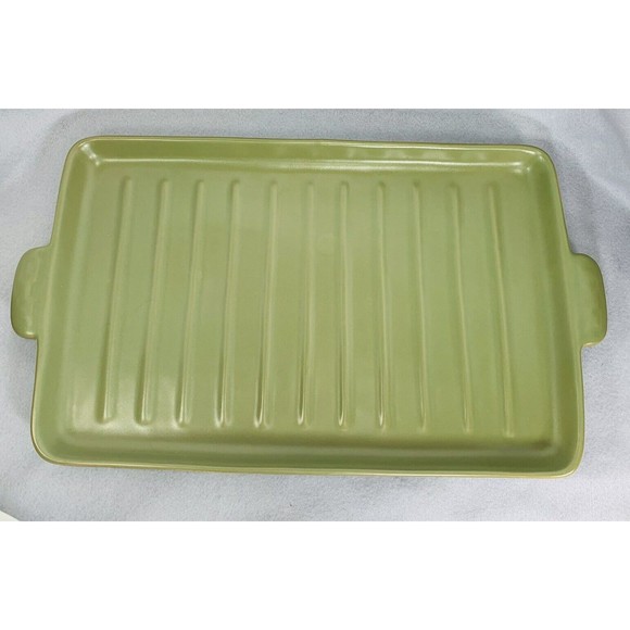 Longaberger Flameware SAGE Grill Pan Pottery Server Cookware 18" x 10" Green - Picture 9 of 14